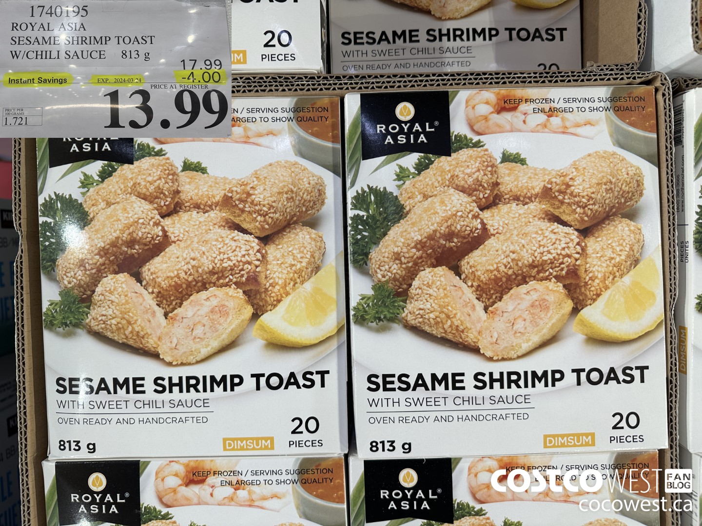 1740195 ROYAL ASIA SESAME SHRIMP TOAST W/CHILI SAUCE 813g ($4.00 INSTANT SAVINGS EXPIRES ON 2024-03-24) $13.99