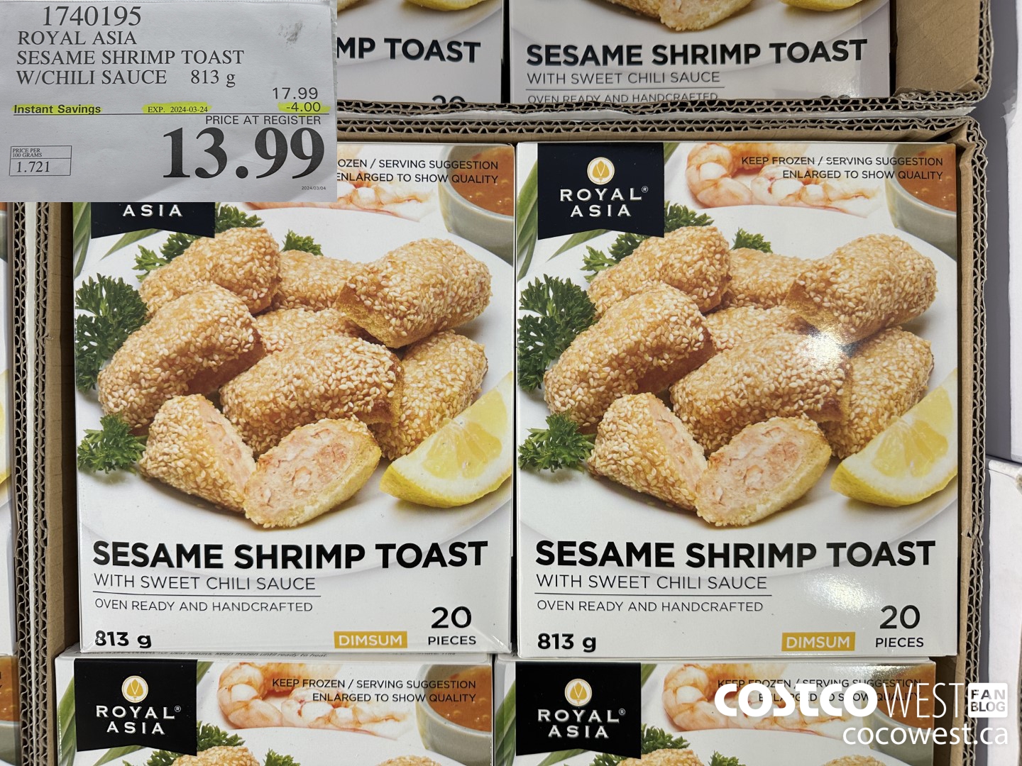 1740195 ROYAL ASIA SESAME SHRIMP TOAST W/CHILI SAUCE 813g ($4.00 INSTANT SAVINGS EXPIRES ON 2024-03-24) $13.99