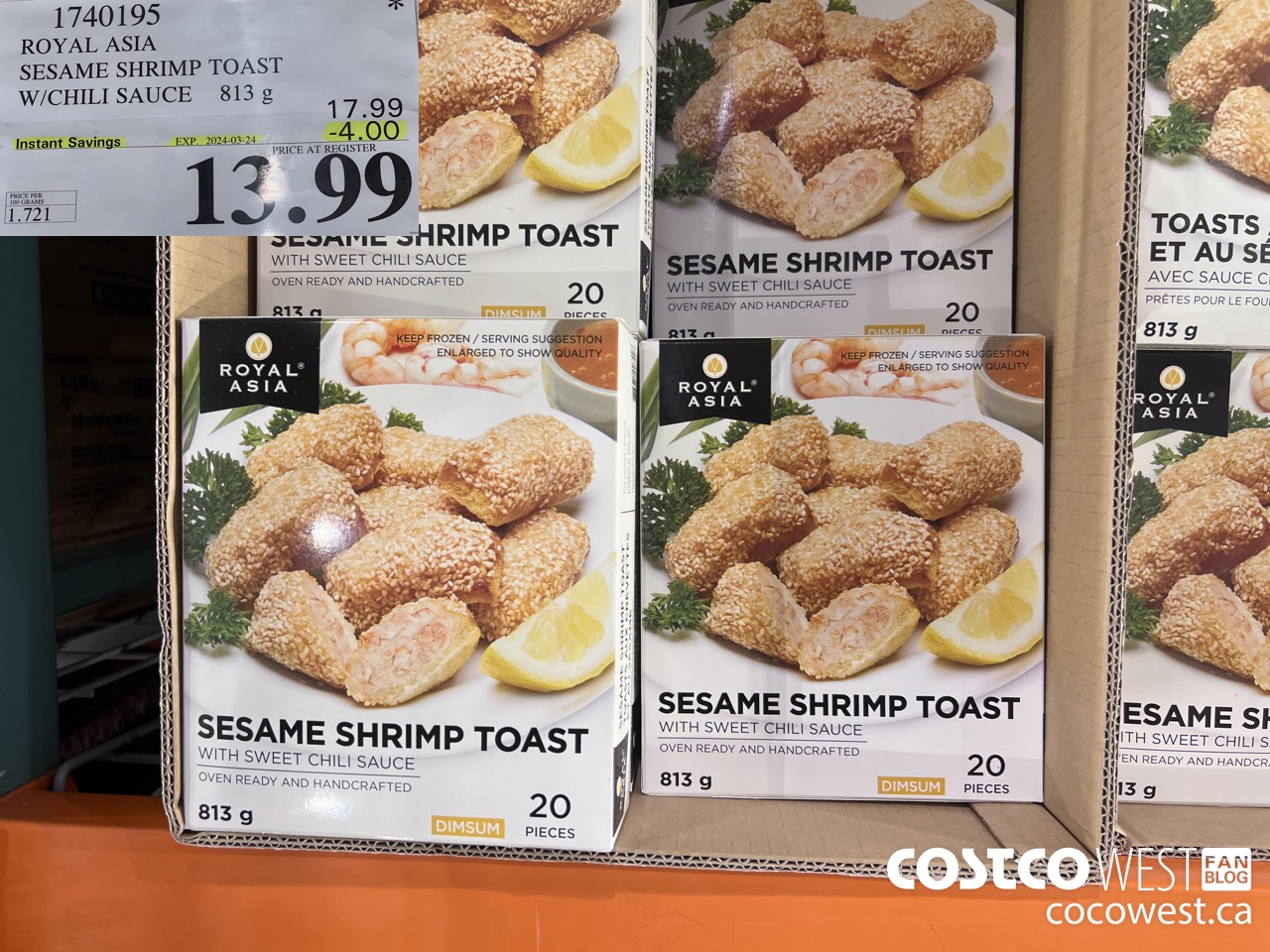 1740195 ROYAL ASIA SESAME SHRIMP TOAST W/CHILI SAUCE 813g ($4.00 INSTANT SAVINGS EXPIRES ON 2024-03-24) $13.99