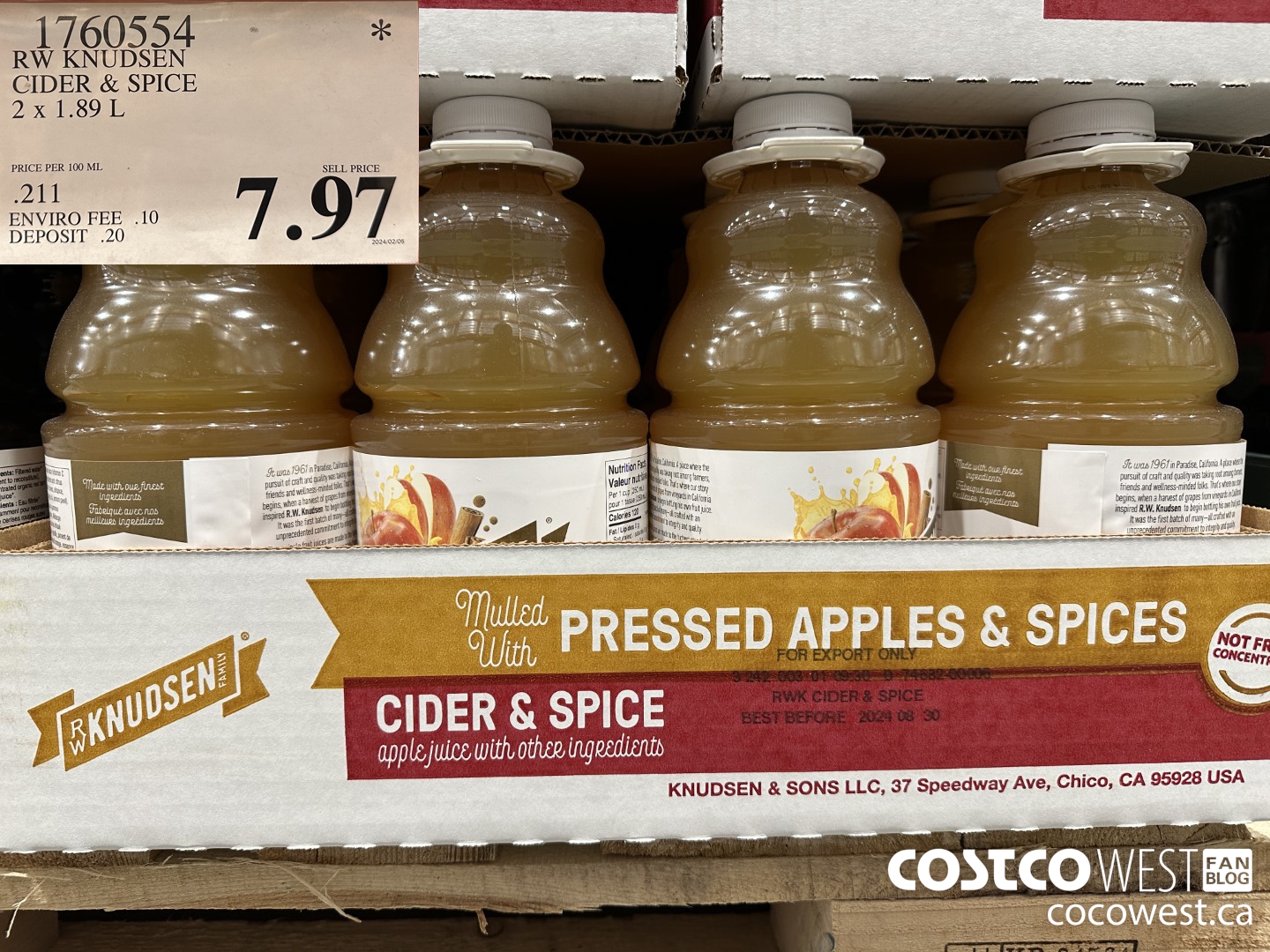 1760554 RW KNUDSEN CIDER & SPICE 2 X 1.89 L $7.97