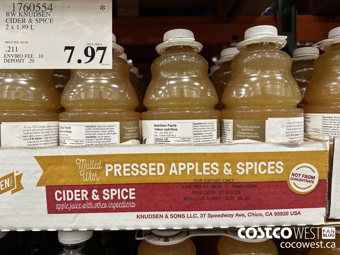 1760554 RW KNUDSEN CIDER & SPICE 2 x 1.89 L $7.97