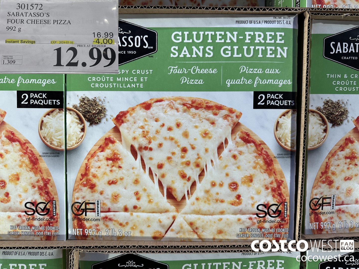 301572 SABATASSO'S GLUTEN-FREE CHEESE PIZZA 2 X 496 G ($4.00 INSTANT SAVINGS EXPIRES ON 2024-03-10) $12.99