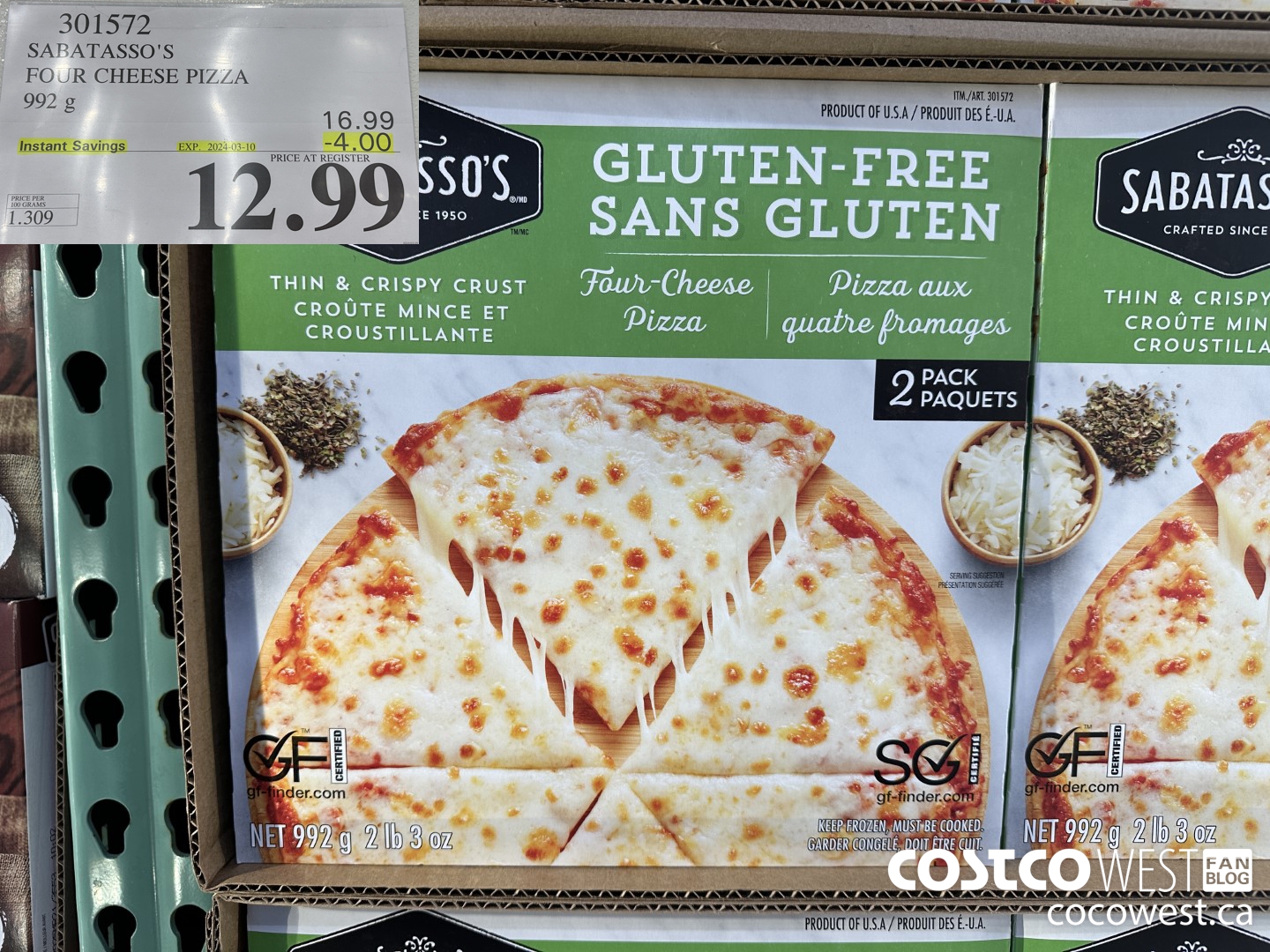 301572 SABATASSO'S GLUTEN-FREE CHEESE PIZZA 2 X 496 G ($4.00 INSTANT SAVINGS EXPIRES ON 2024-03-10) $12.99