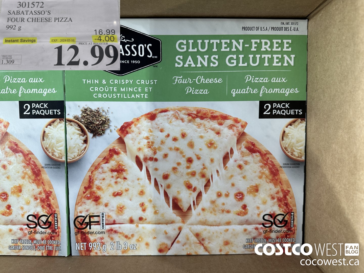 301572 SABATASSO'S GLUTEN-FREE CHEESE PIZZA 2 X 496 G ($4.00 INSTANT SAVINGS EXPIRES ON 2024-03-10) $12.99