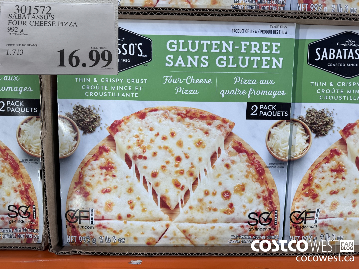 301572 SABATASSO'S GLUTEN-FREE CHEESE PIZZA 2 X 496 G $16.99