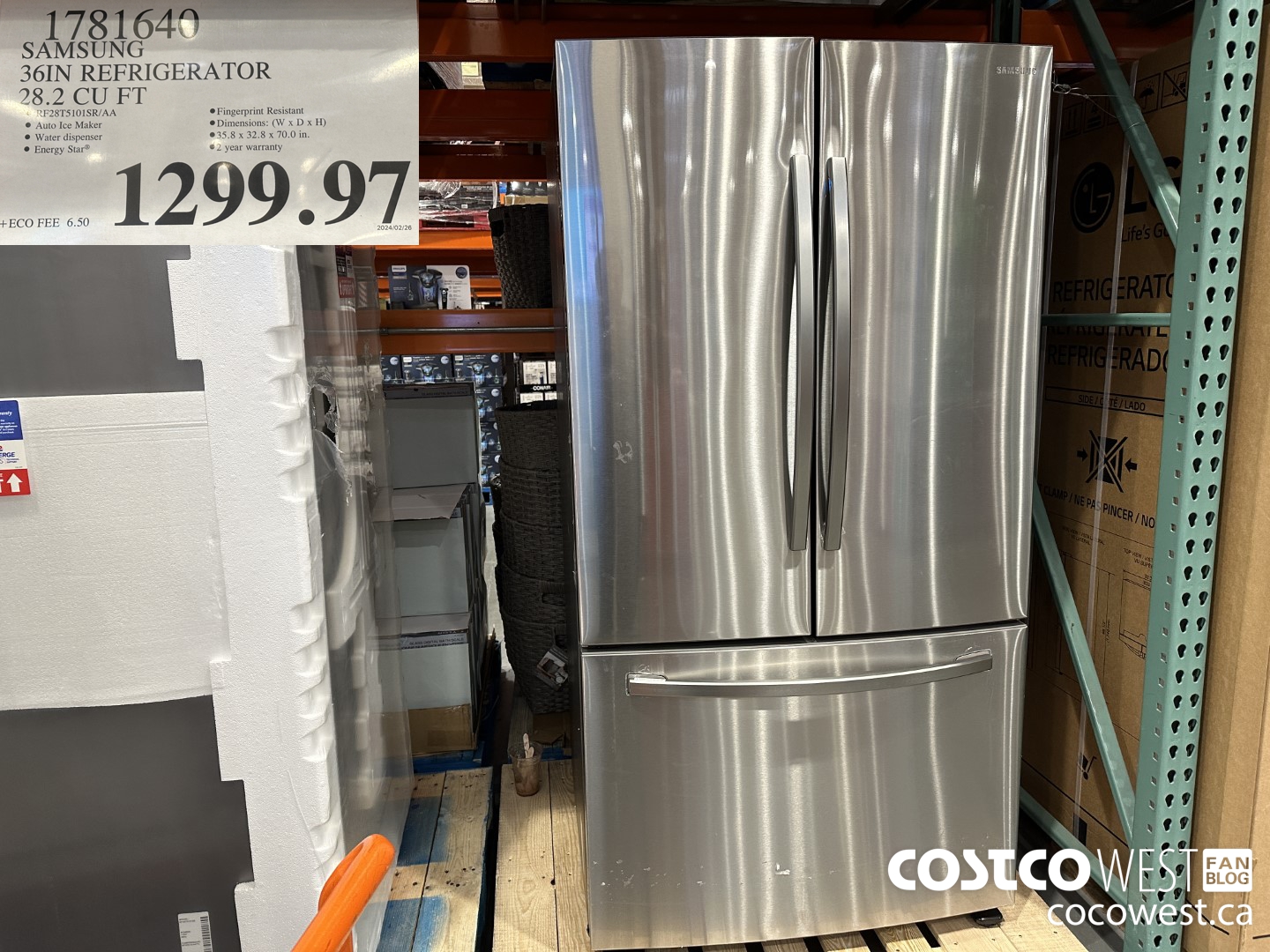 1781640 SAMSUNG 36IN REFRIGERATOR 28.2 CU FT $1299.97