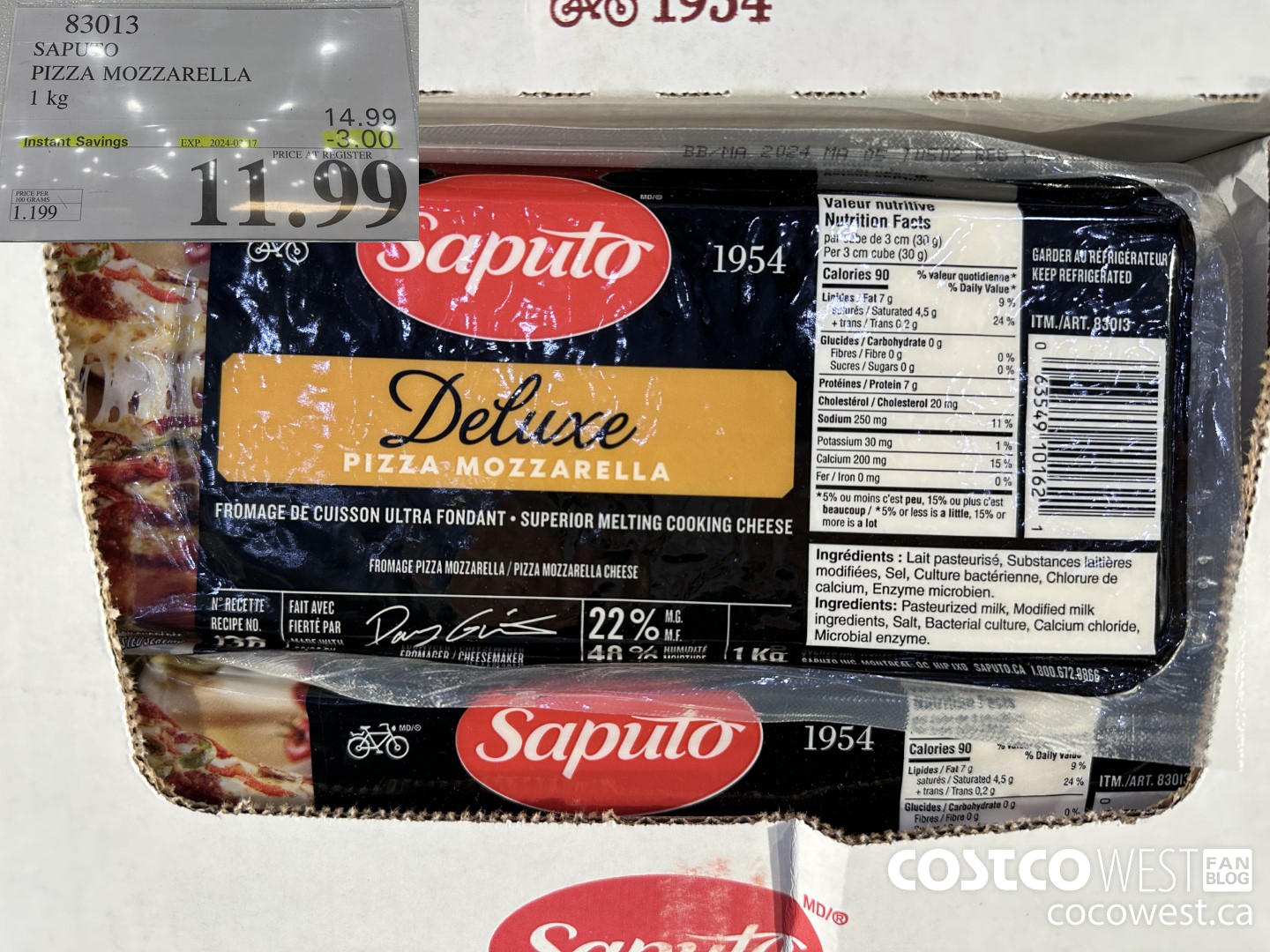 83013 SAPUTO PIZZA MOZZARELLA 1 kg ($3.00 INSTANT SAVINGS EXPIRES ON 2024-03-17) $11.99