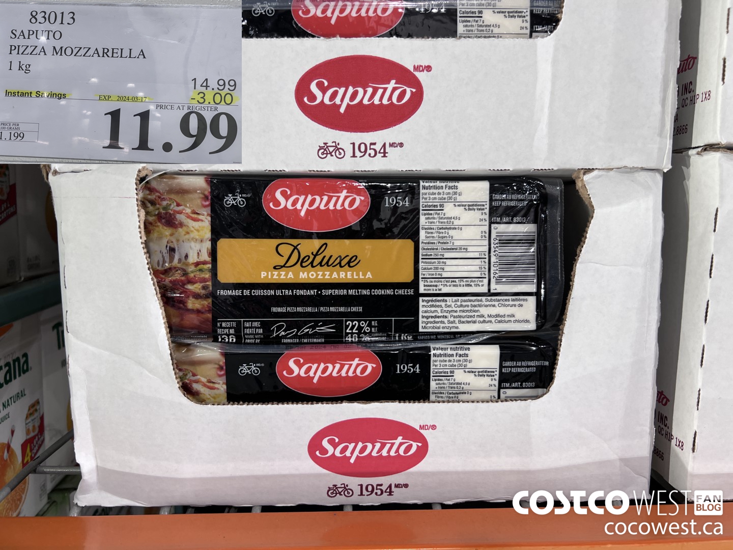 83013 SAPUTO PIZZA MOZZARELLA 1 kg ($3.00 INSTANT SAVINGS EXPIRES ON 2024-03-17) $11.99