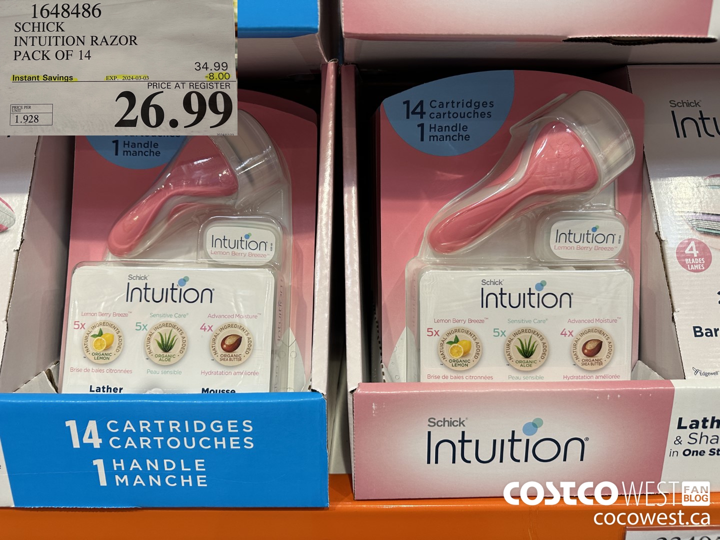 1648486 SCHICK INTUITION 14 CARTRIDGES + RAZOR ($8.00 INSTANT SAVINGS EXPIRES ON 2024-03-03) $26.99