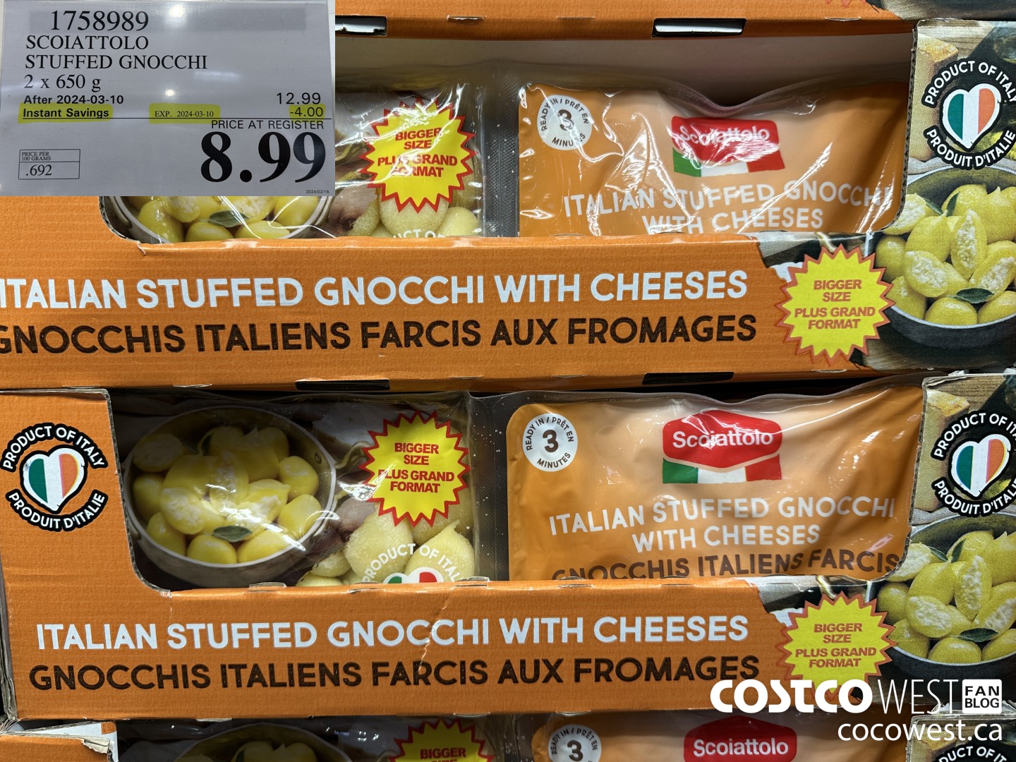 1758989 SCOIATTOLO STUFFED GNOCCHI 2 X 650G ($4.00 INSTANT SAVINGS EXPIRES ON 2024-03-10) $8.99