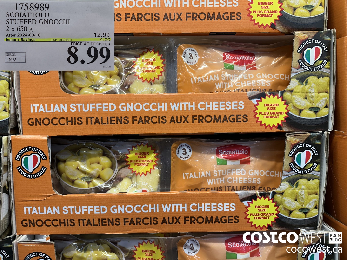 1758989 SCOIATTOLO STUFFED GNOCCHI 2 X 650G ($4.00 INSTANT SAVINGS EXPIRES ON 2024-03-10) $8.99