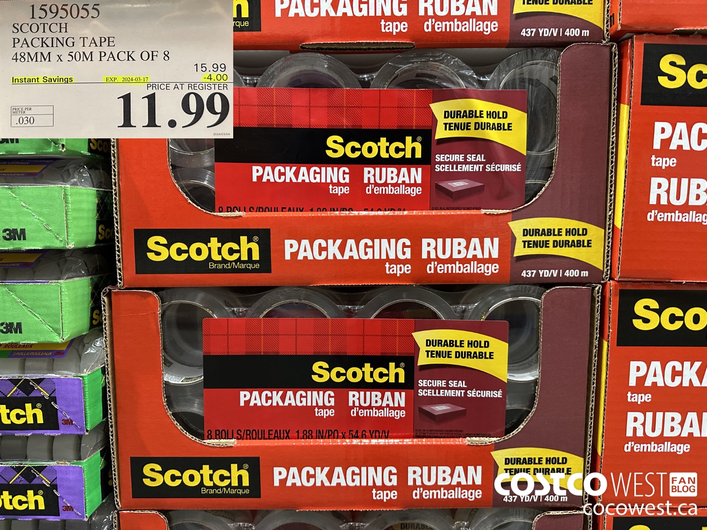 1595055 SCOTCH PACKING TAPE 48MM X 50M PACK OF 8 ($4.00 INSTANT SAVINGS EXPIRES ON 2024-03-17) $11.99