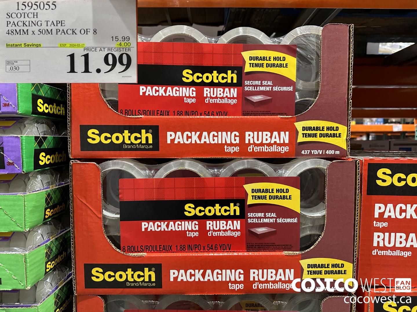 1595055 SCOTCH PACKING TAPE 48MM X 50M PACK OF 8 ($4.00 INSTANT SAVINGS EXPIRES ON 2024-03-17) $11.99