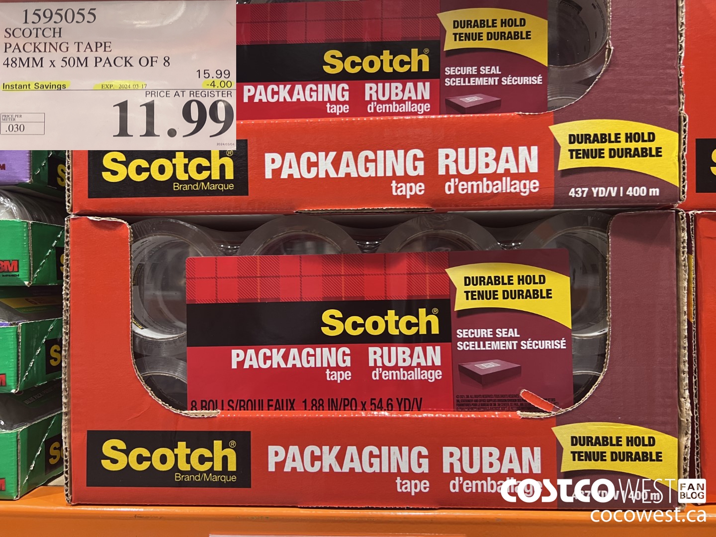 1595055 SCOTCH PACKING TAPE 48MM X 50M PACK OF 8 ($4.00 INSTANT SAVINGS EXPIRES ON 2024-03-17) $11.99