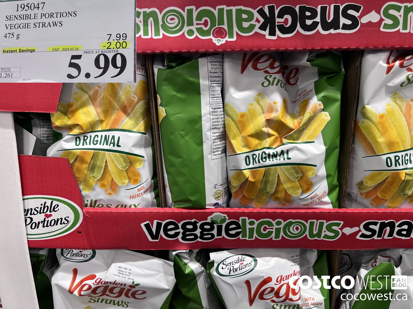 195047 SENSIBLE PORTIONS VEGGIE STRAWS 475 g ($2.00 INSTANT SAVINGS EXPIRES ON 2024-03-24) $5.99