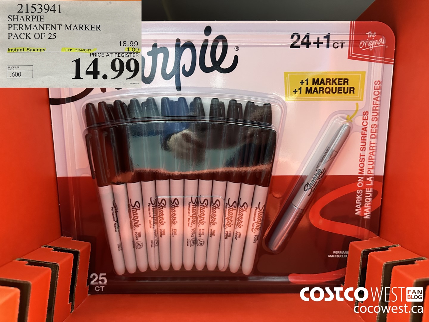 2153941 SHARPIE PERMANENT MARKER PACK OF 25 ($4.00 INSTANT SAVINGS EXPIRES ON 2024-03-17) $14.99