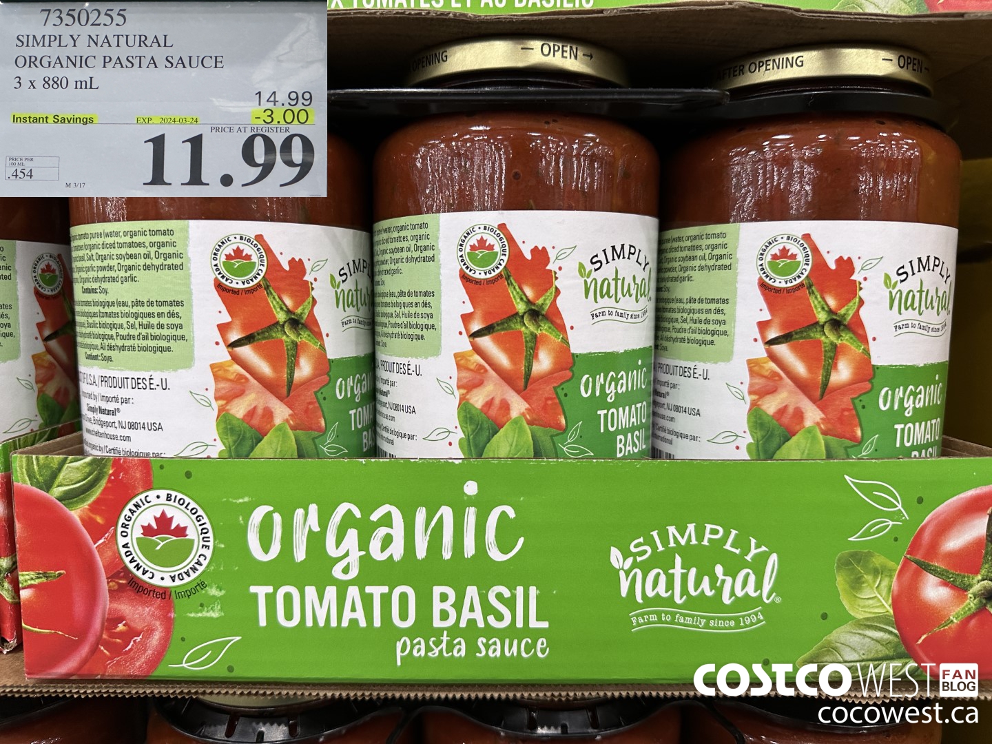 7350255 SIMPLY NATURAL ORGANIC PASTA SAUCE 3 X 880 ML ($3.00 INSTANT SAVINGS EXPIRES ON 2024-03-24) $11.99