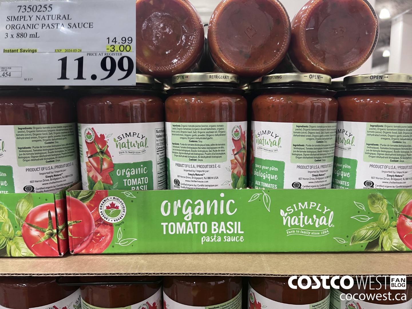 7350255 SIMPLY NATURAL ORGANIC PASTA SAUCE 3 X 880 ML ($3.00 INSTANT SAVINGS EXPIRES ON 2024-03-24) $11.99