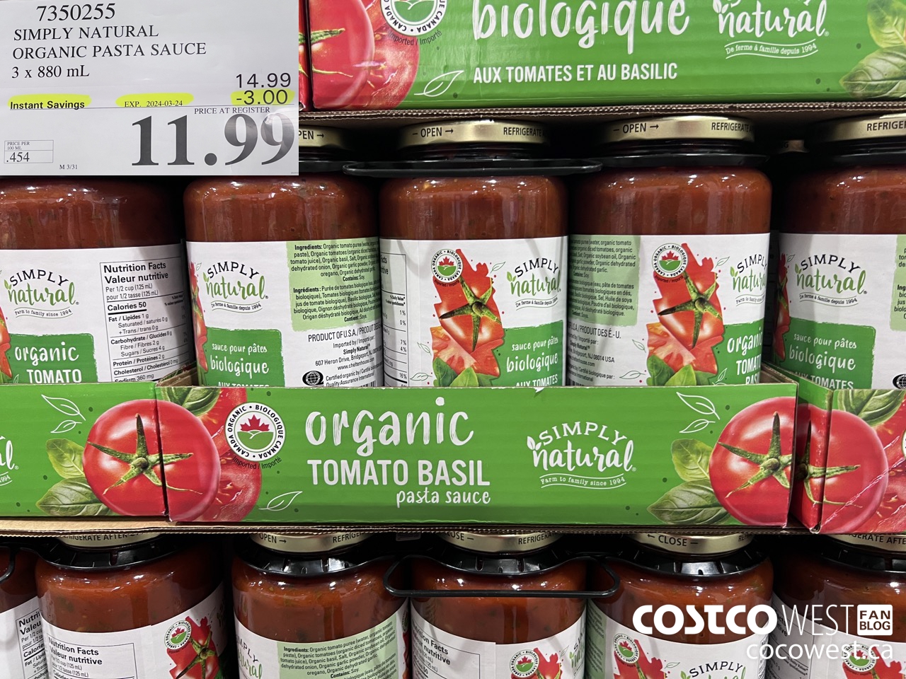 7350255 SIMPLY NATURAL ORGANIC PASTA SAUCE 3 X 880 ML ($3.00 INSTANT SAVINGS EXPIRES ON 2024-03-24) $11.99