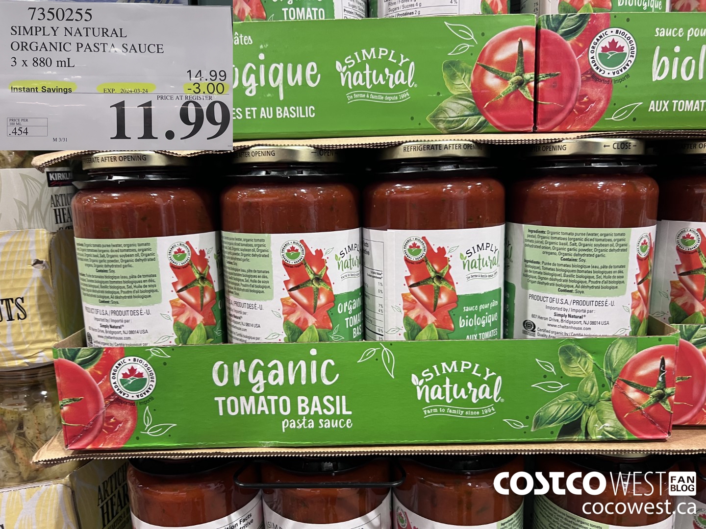 7350255 SIMPLY NATURAL ORGANIC PASTA SAUCE 3 X 880 ML ($3.00 INSTANT SAVINGS EXPIRES ON 2024-03-24) $11.99