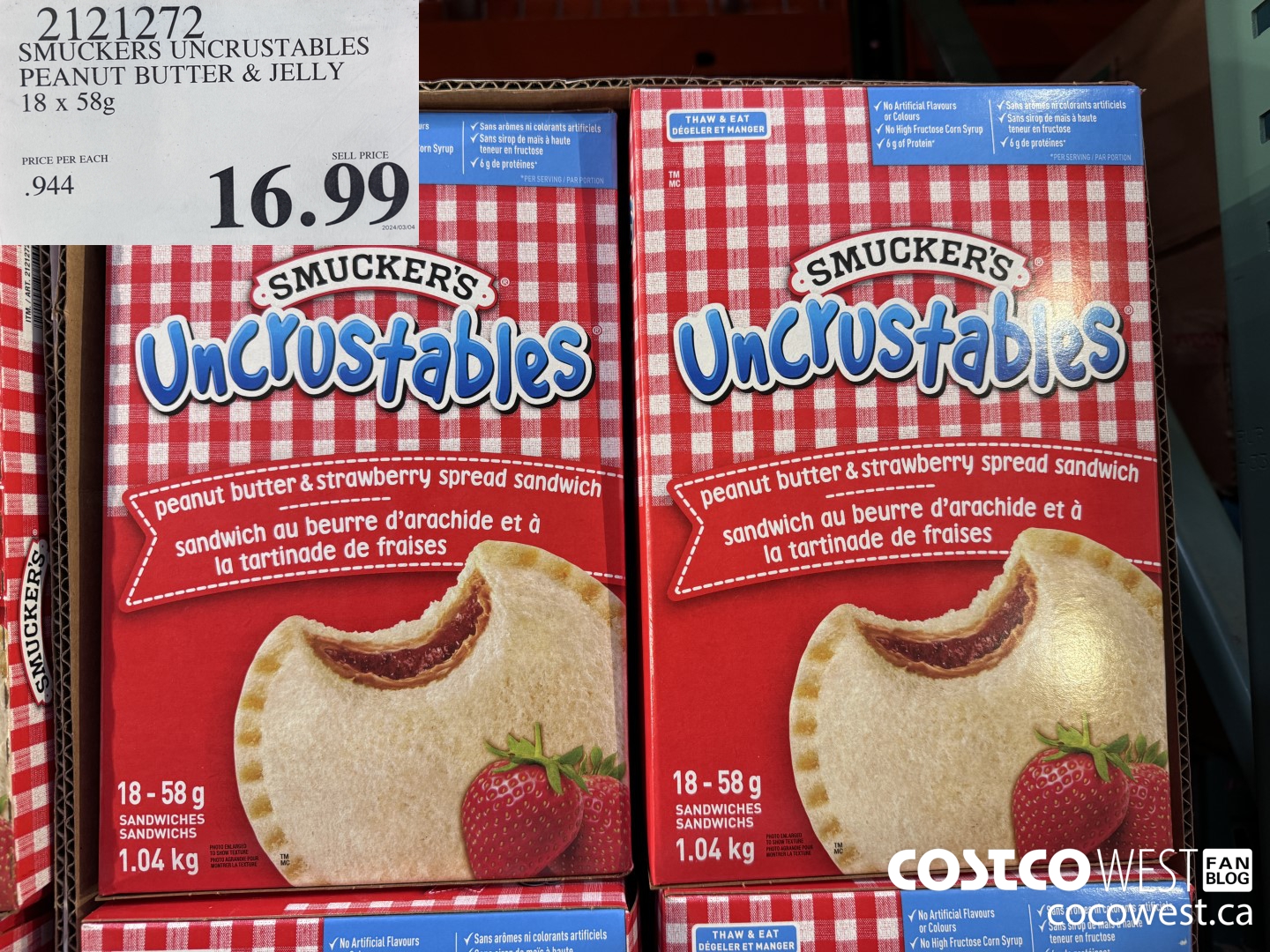 2121272 SMUCKERS UNCRUSTABLES PEANUT BUTTER & JELLY 18 X 58G $16.99