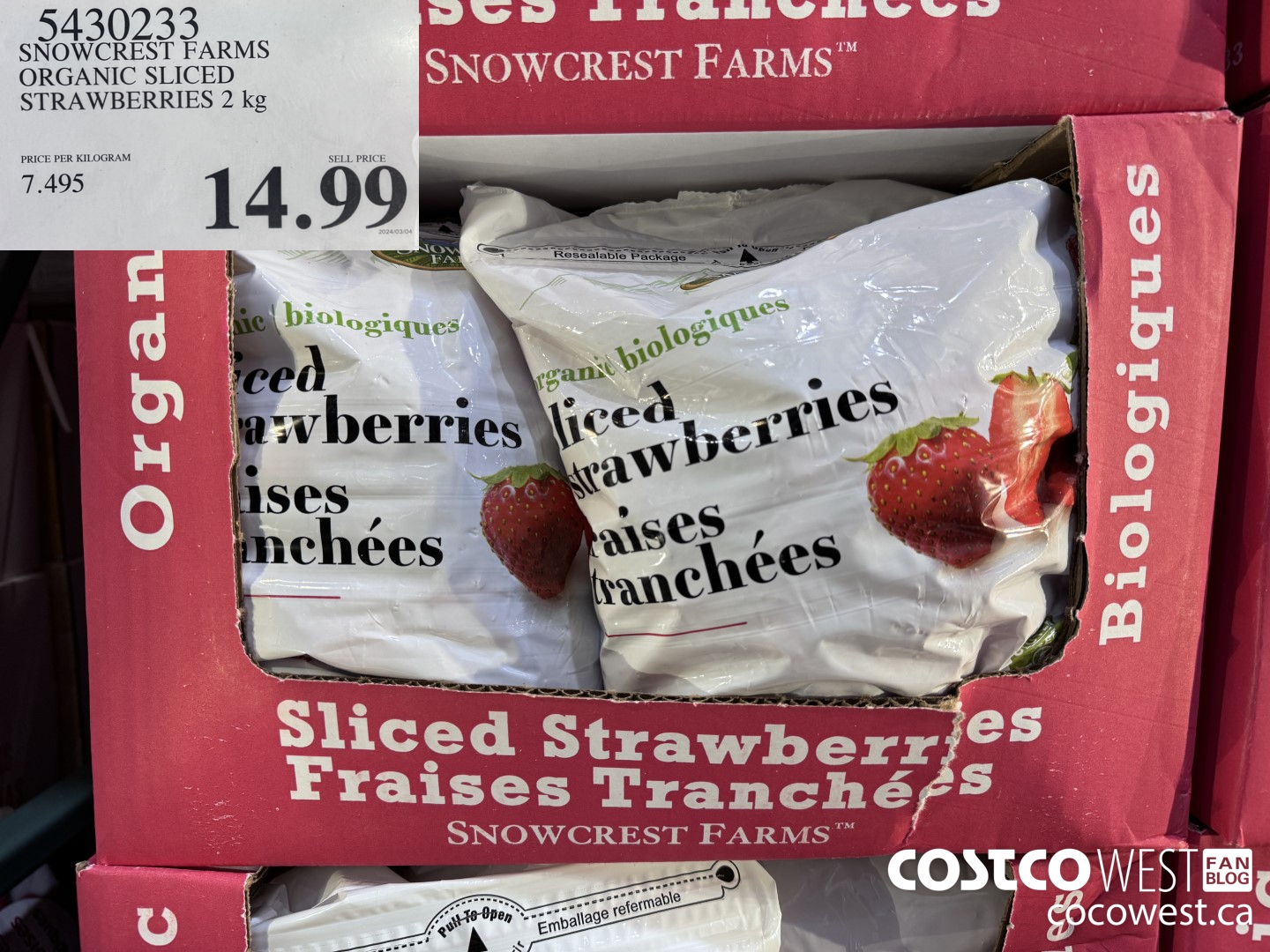 5430233 SNOWCREST ORGANIC SLICED STRAWBERRIES 2 kg $14.99