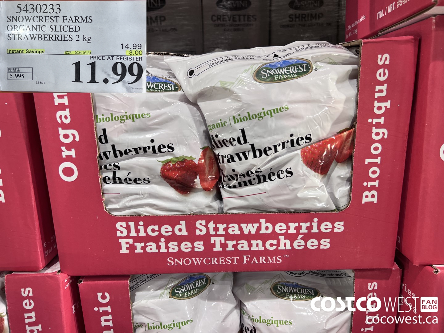 5430233 SNOWCREST ORGANIC SLICED STRAWBERRIES 2 kg ($3.00 INSTANT SAVINGS EXPIRES ON 2024-03-31) $11.99