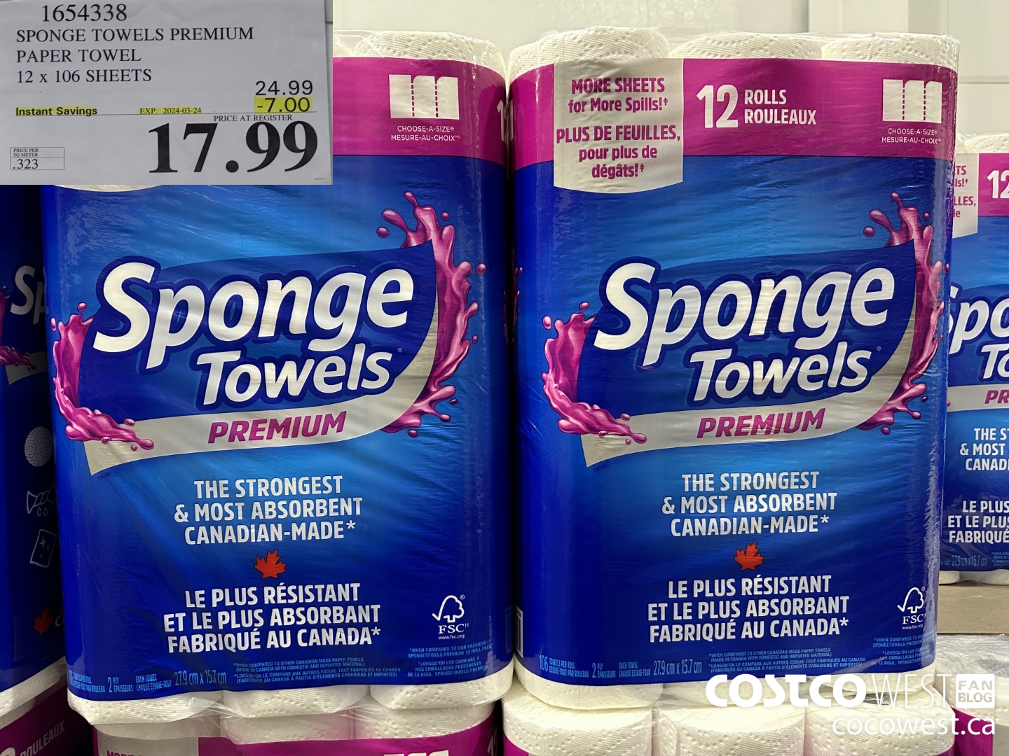 1654338 SPONGE TOWELS PREMIUM PAPER TOWEL 12 X 106 SHEETS ($7.00 INSTANT SAVINGS EXPIRES ON 2024-03-24) $17.99