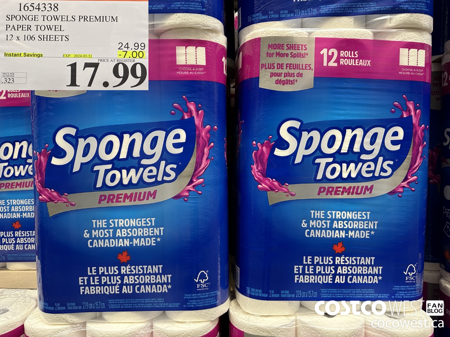 1654338 SPONGE TOWELS PREMIUM PAPER TOWEL 12 X 106 SHEETS ($7.00 INSTANT SAVINGS EXPIRES ON 2024-03-31) $17.99