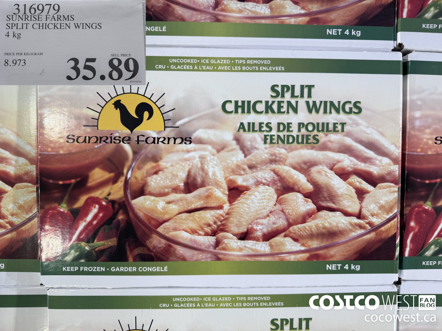 316979 SUNRISE FARMS SPLIT CHICKEN WINGS 4 kg $35.89