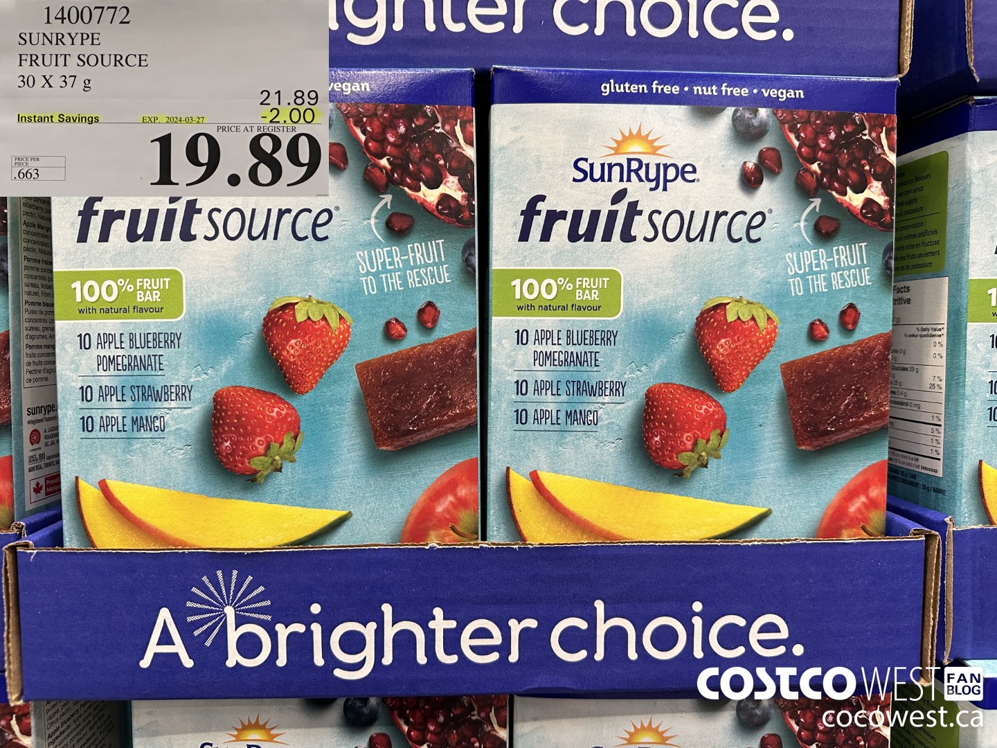 1400772 SUNRYPE FRUIT SOURCE 30 X 37 G ($2.00 INSTANT SAVINGS EXPIRES ON 2024-03-27) $19.89