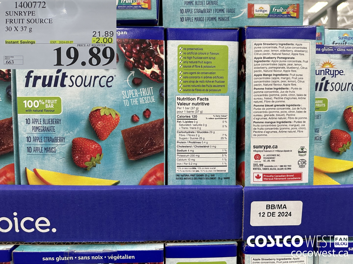 1400772 SUNRYPE FRUIT SOURCE 30 X 37 G ($2.00 INSTANT SAVINGS EXPIRES ON 2024-03-27) $19.89