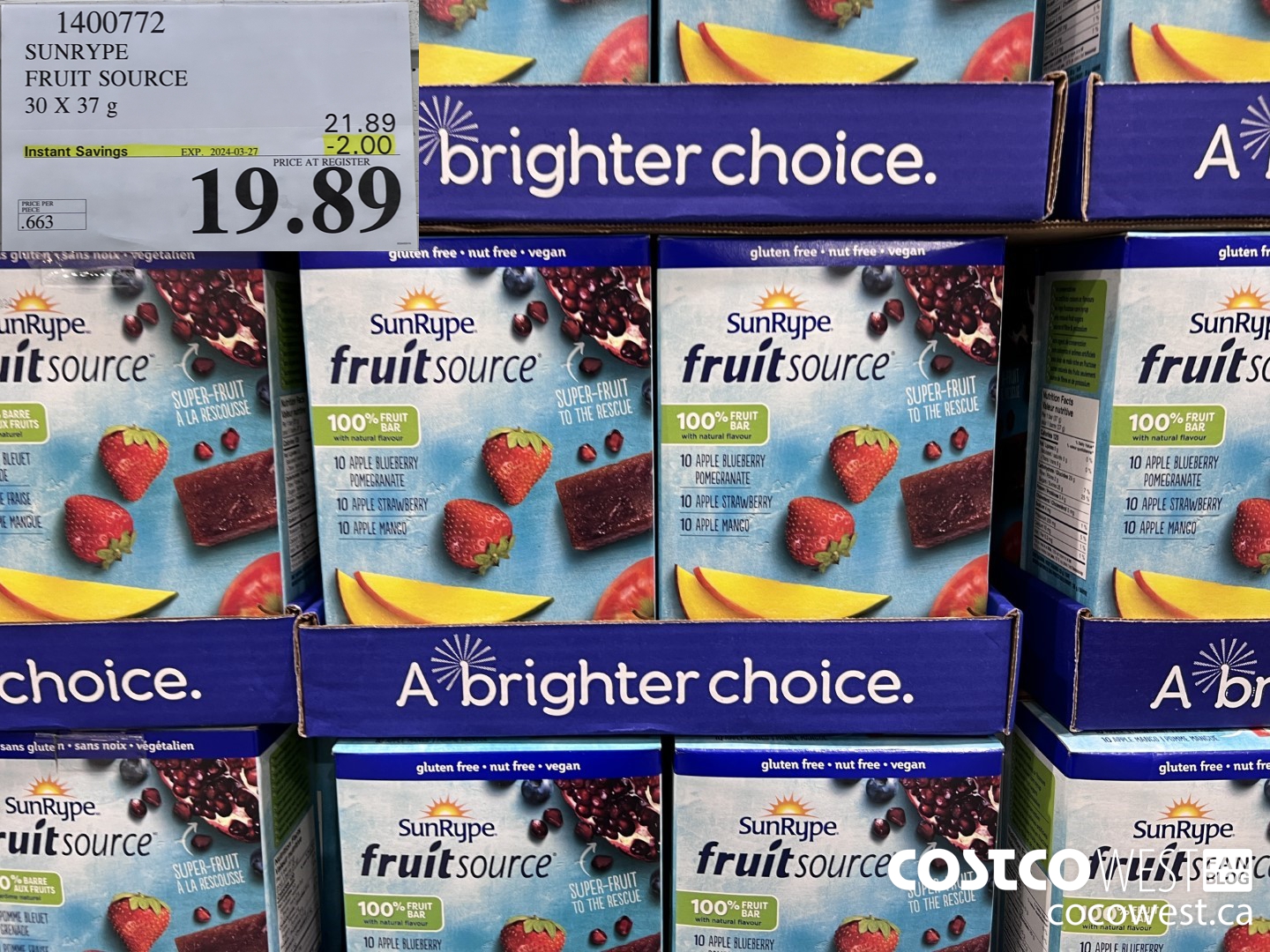 1400772 SUNRYPE FRUIT SOURCE 30 X 37 G ($2.00 INSTANT SAVINGS EXPIRES ON 2024-03-27) $19.89