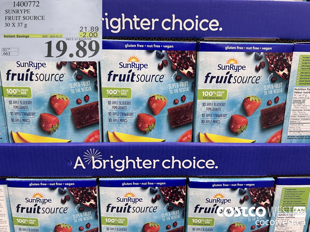 1400772 SUNRYPE FRUIT SOURCE 30 X 37 G ($2.00 INSTANT SAVINGS EXPIRES ON 2024-03-27) $19.89