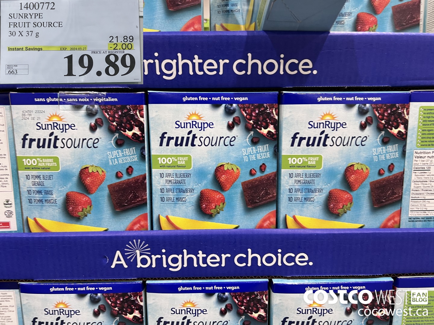 1400772 SUNRYPE FRUIT SOURCE 30 X 37 G ($2.00 INSTANT SAVINGS EXPIRES ON 2024-03-27) $19.89