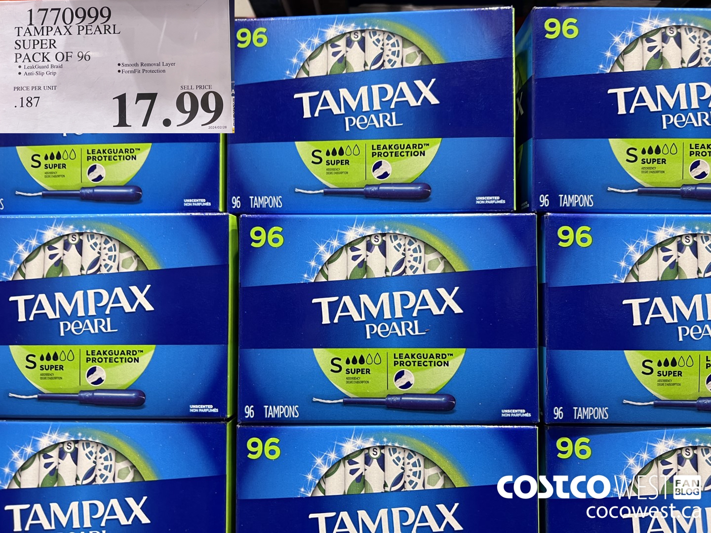 1770999 TAMPAX PEARL SUPER PACK OF 96 $17.99