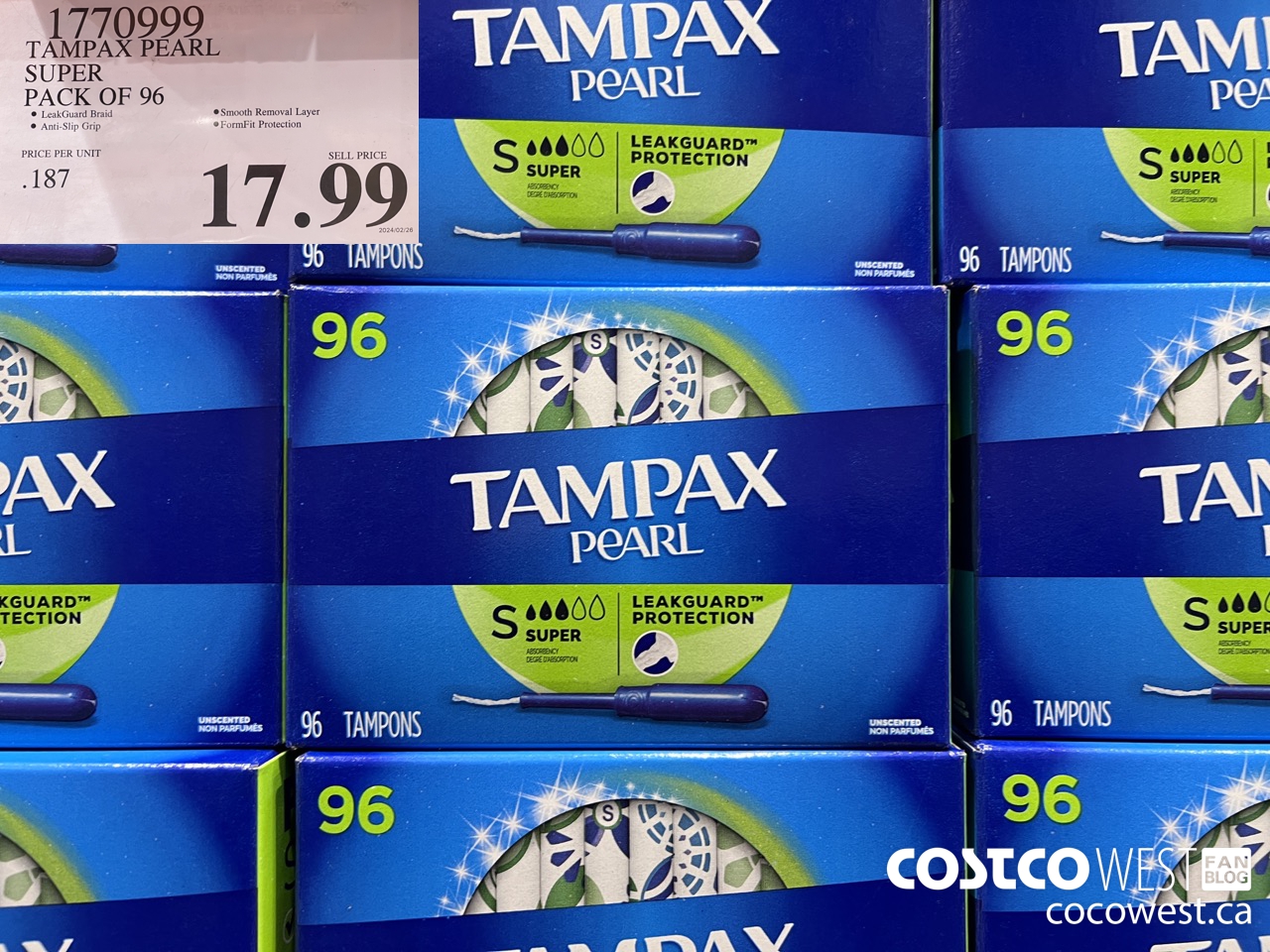 1770999 TAMPAX PEARL SUPER PACK OF 96 $17.99