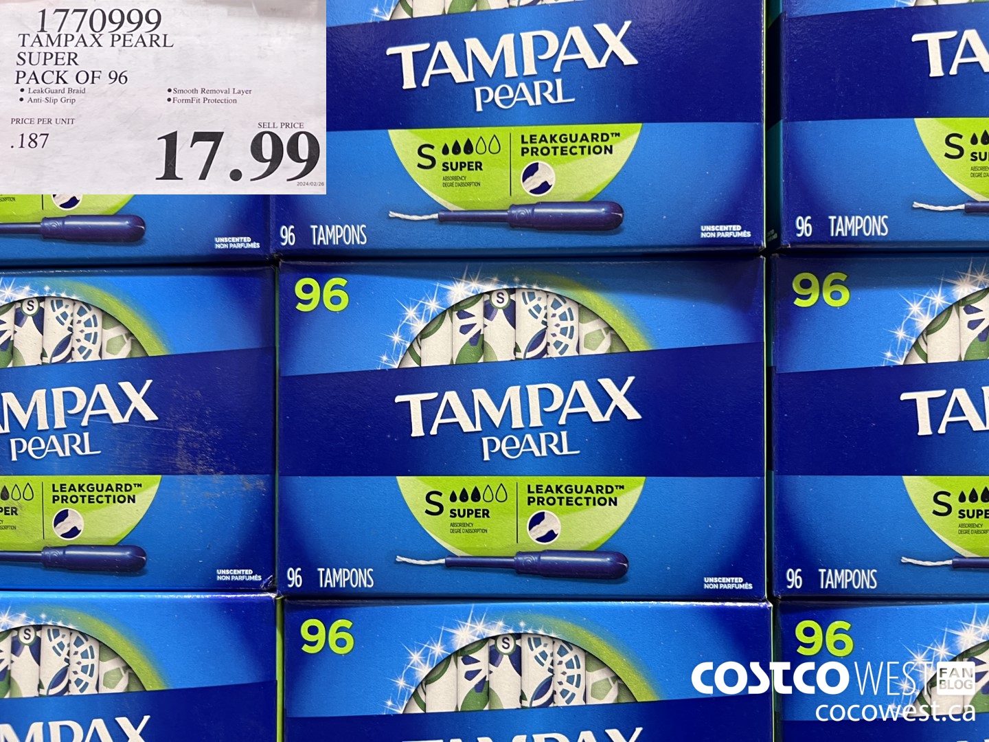 1770999 TAMPAX PEARL SUPER PACK OF 96 $17.99