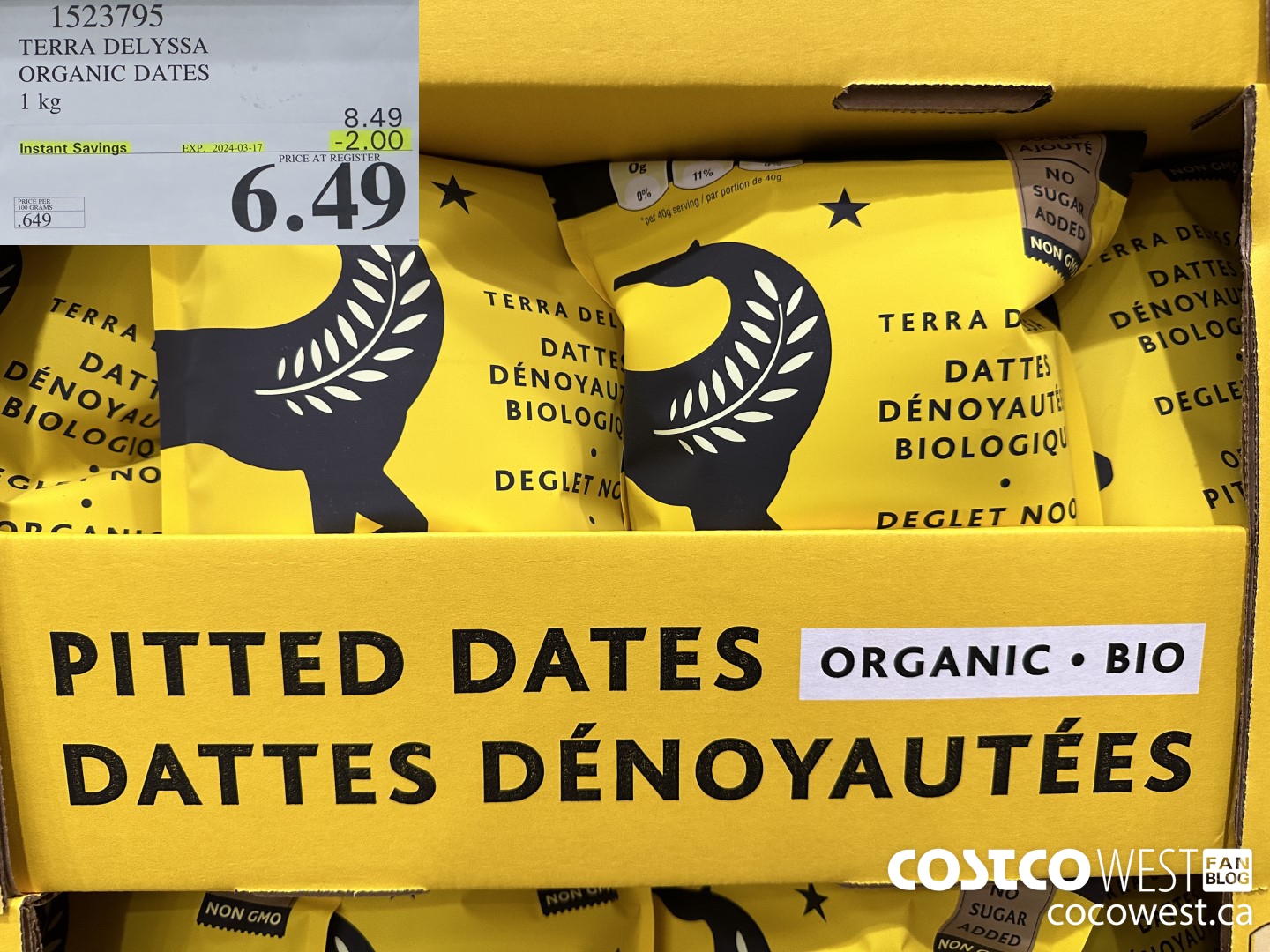 1523795 TERRA DELYSSA ORGANIC DATES 1 kg ($2.00 INSTANT SAVINGS EXPIRES ON 2024-03-17) $6.49