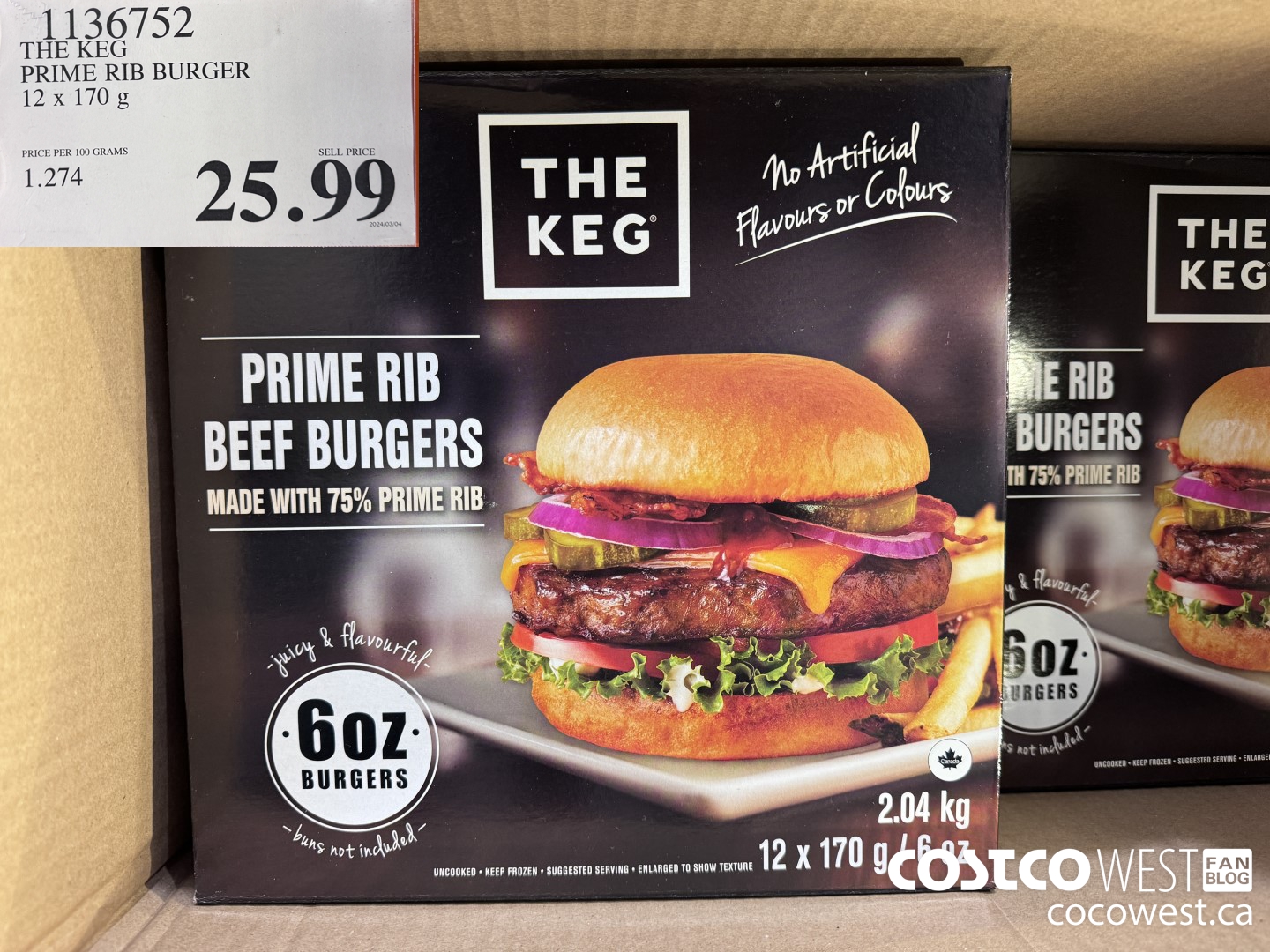 1136752 THE KEG PRIME RIB BURGER 12 X 170G $25.99