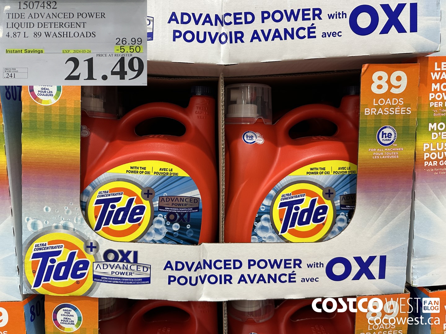 1507482 TIDE ADVANCED POWER LIQUID DETERGENT 4.87 L 89 WASHLOADS ($5.50 INSTANT SAVINGS EXPIRES ON 2024-03-24) $21.49