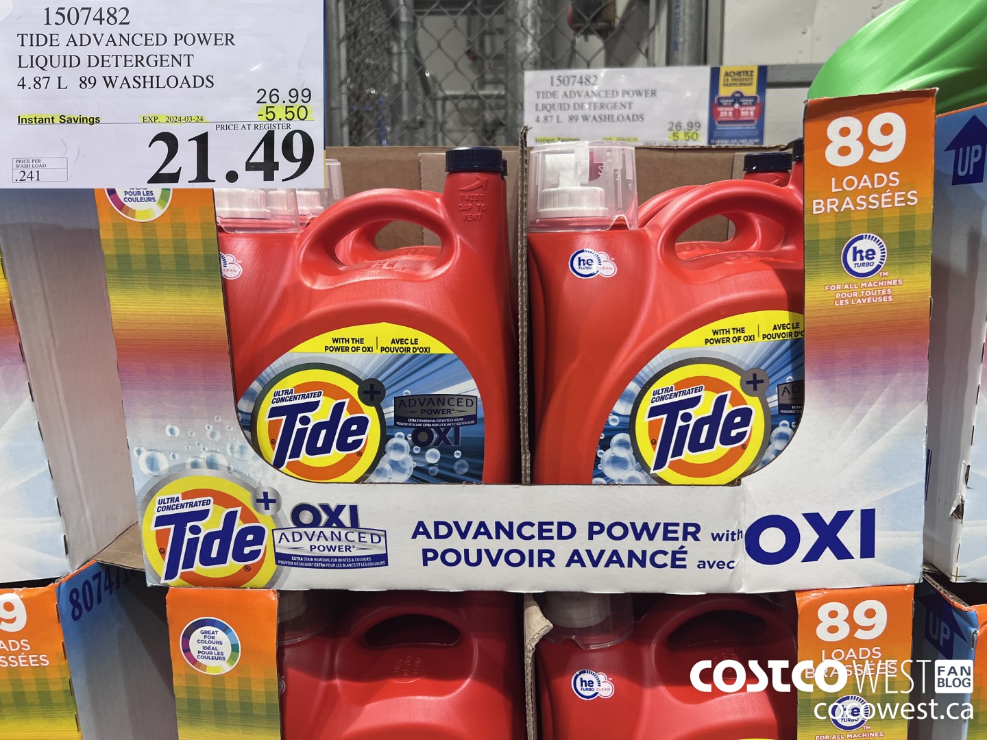 1507482 TIDE ADVANCED POWER LIQUID DETERGENT 4.87 L 89 WASHLOADS ($5.50 INSTANT SAVINGS EXPIRES ON 2024-03-24) $21.49
