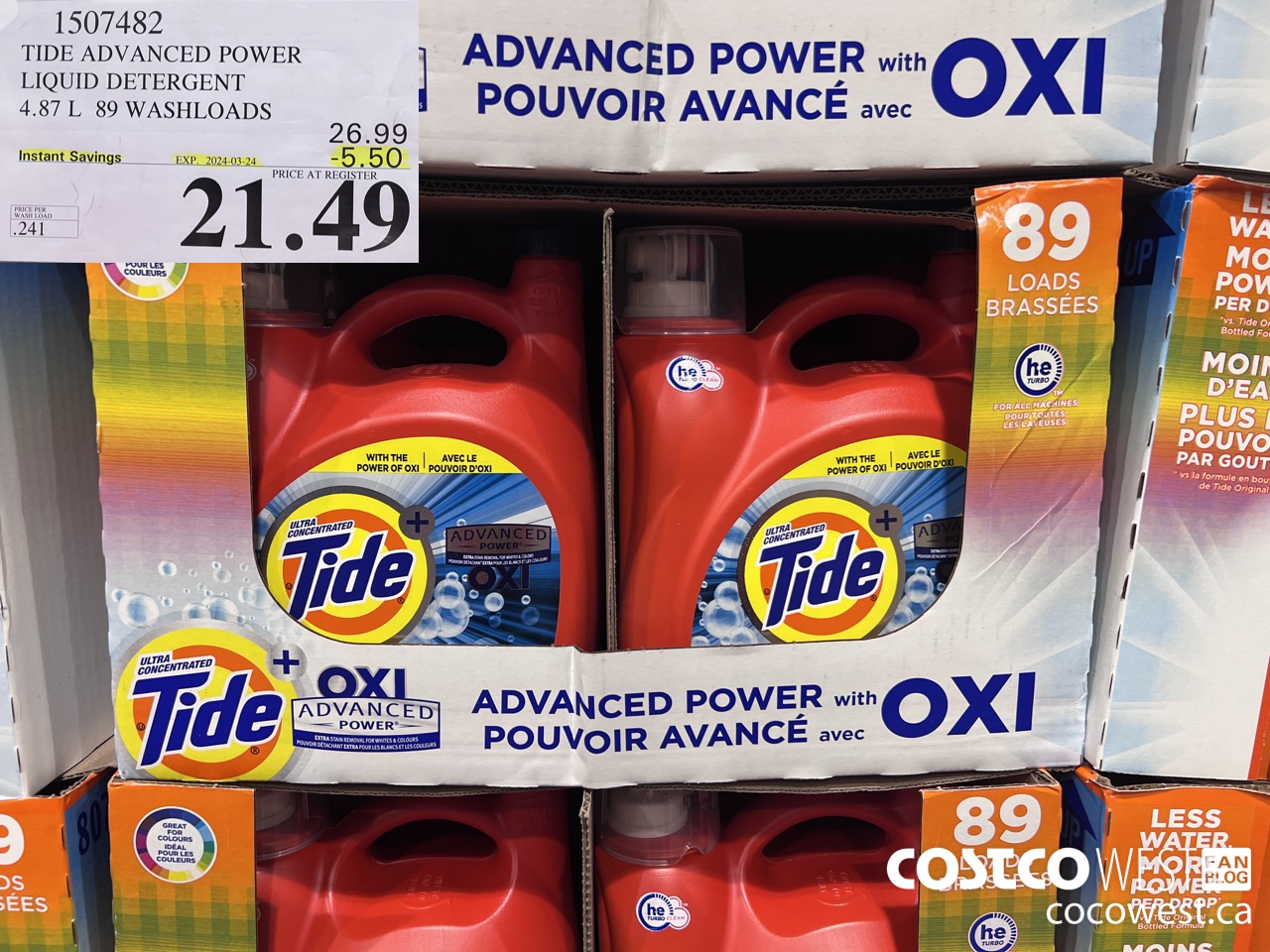 1507482 TIDE ADVANCED POWER LIQUID DETERGENT 4.87 L 89 WASHLOADS ($5.50 INSTANT SAVINGS EXPIRES ON 2024-03-24) $21.49