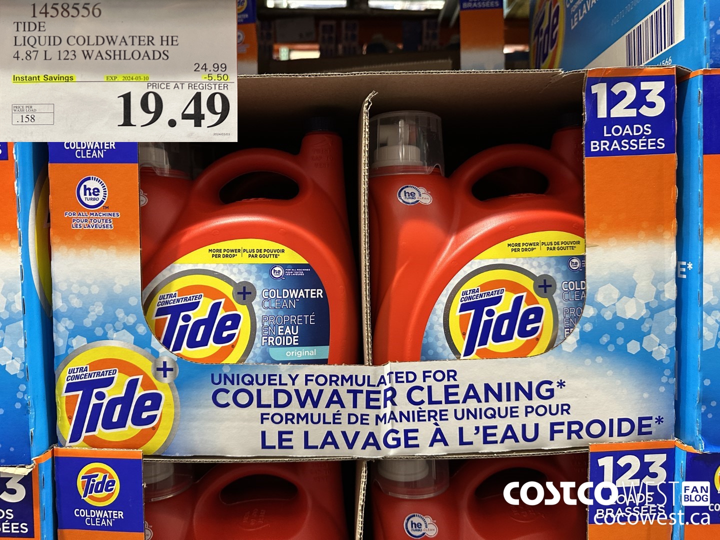 1458556 TIDE LIQUID COLDWATER HE 4.78 L 123 WASHLOADS  ($5.50 INSTANT SAVINGS EXPIRES ON 2024-03-10) $19.49