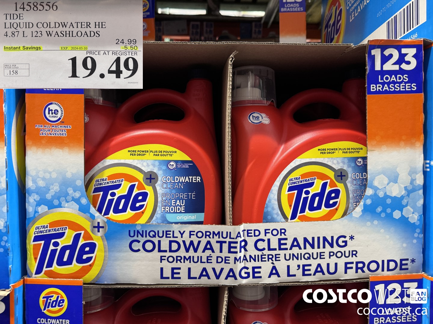 1458556 TIDE LIQUID COLDWATER HE 4.78 L 123 WASHLOADS  ($5.50 INSTANT SAVINGS EXPIRES ON 2024-03-10) $19.49