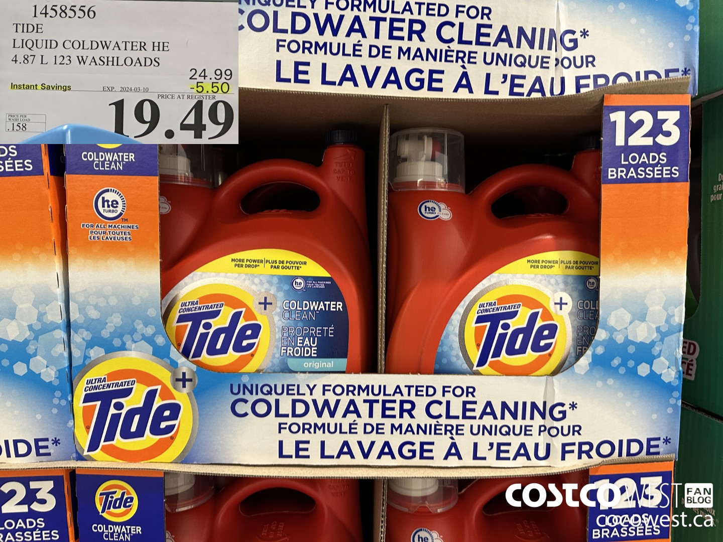 1458556 TIDE LIQUID COLDWATER HE 4.78 L 123 WASHLOADS  ($5.50 INSTANT SAVINGS EXPIRES ON 2024-03-10) $19.49