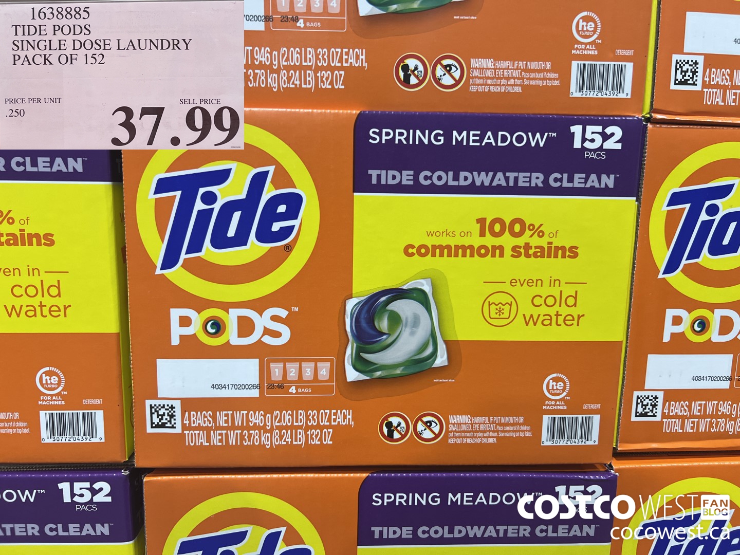 1638885 TIDE PODS SINGLE DOSE LAUNDRY 152 PACS $37.99