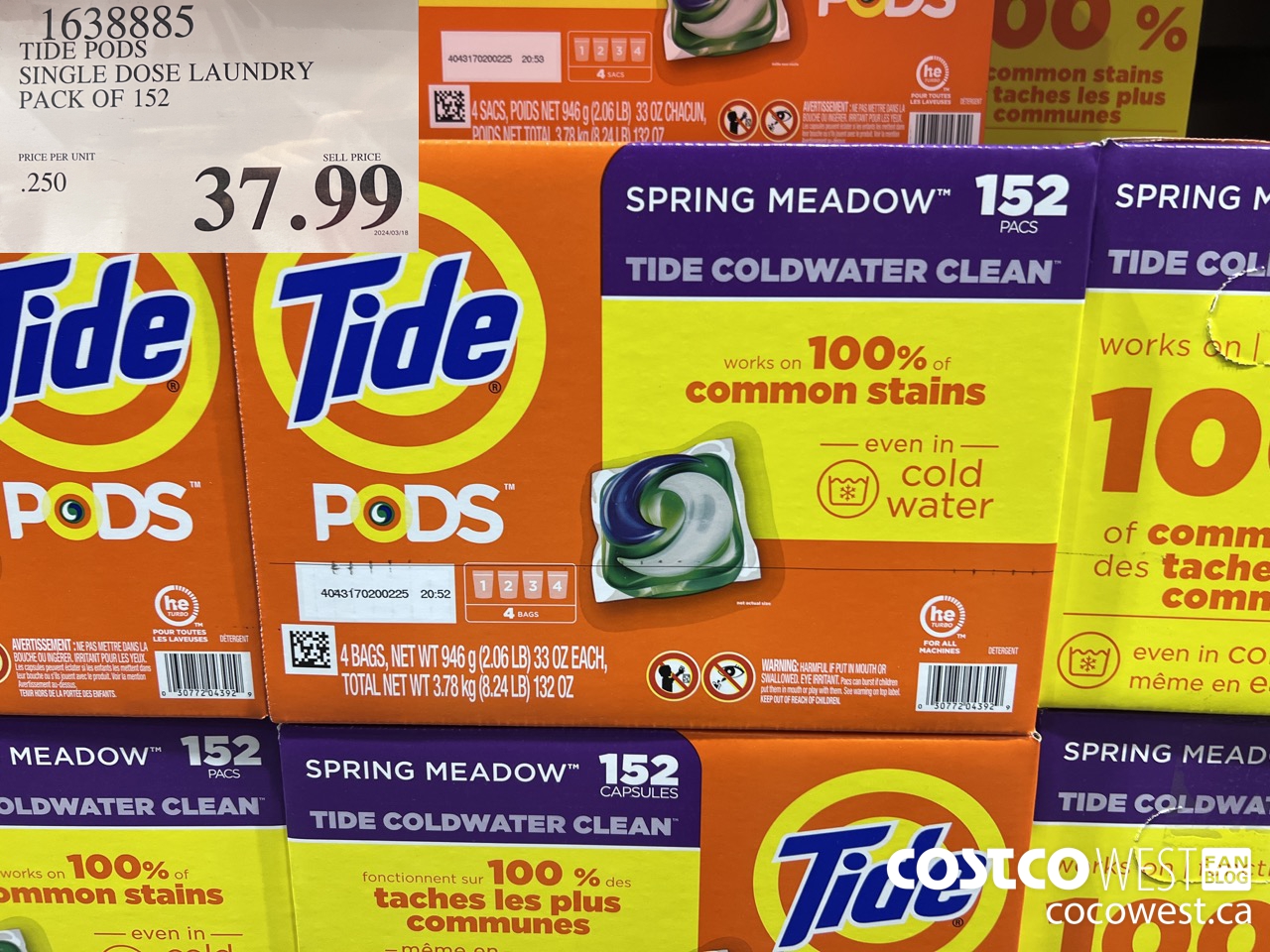 1638885 TIDE PODS SINGLE DOSE LAUNDRY 152 PACS $37.99