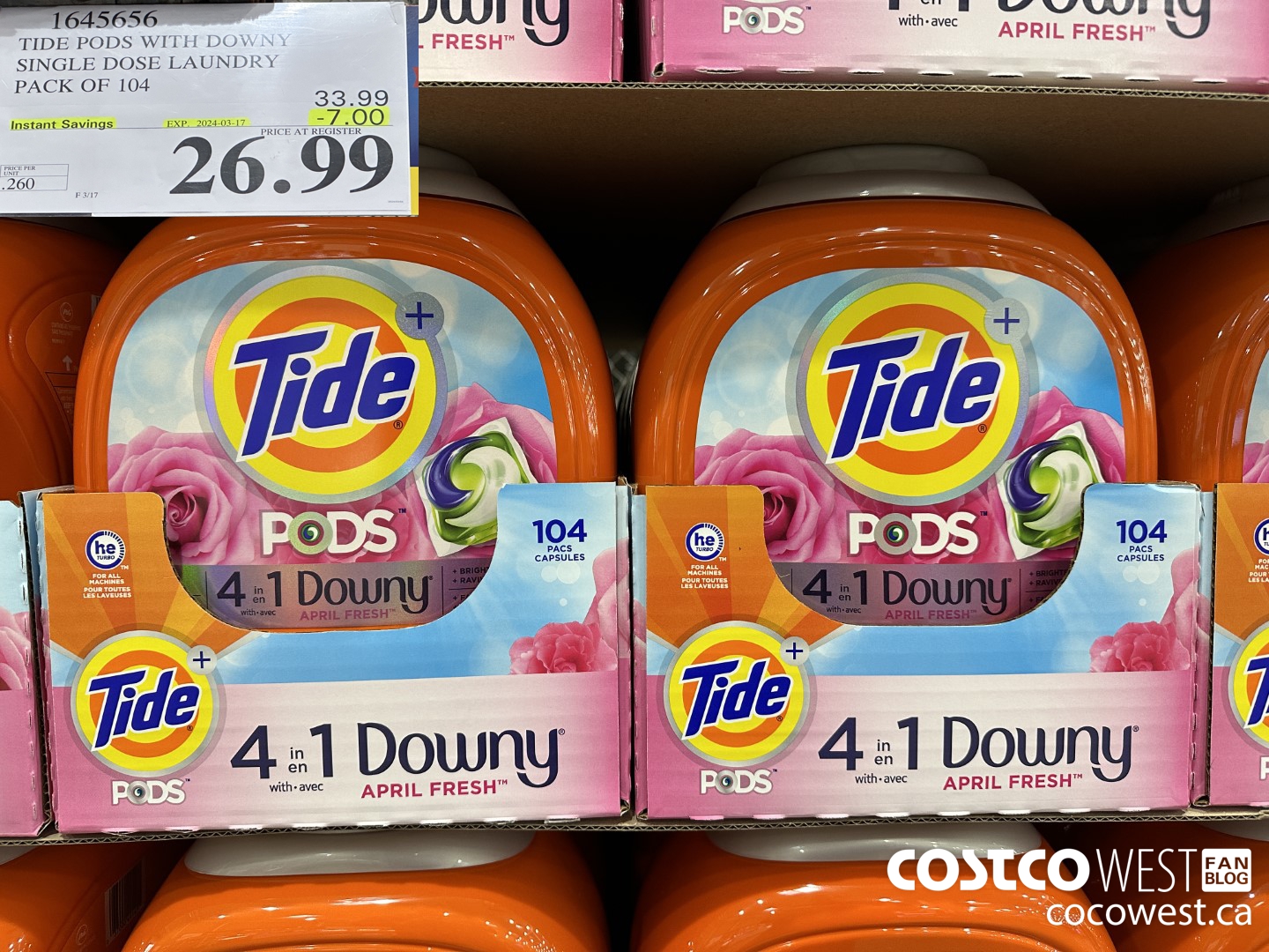 1645656 TIDE PODS WITH DOWNY SINGLE DOSE LAUNDRY 104 PACS ($7.00 INSTANT SAVINGS EXPIRES ON 2024-03-17) $26.99