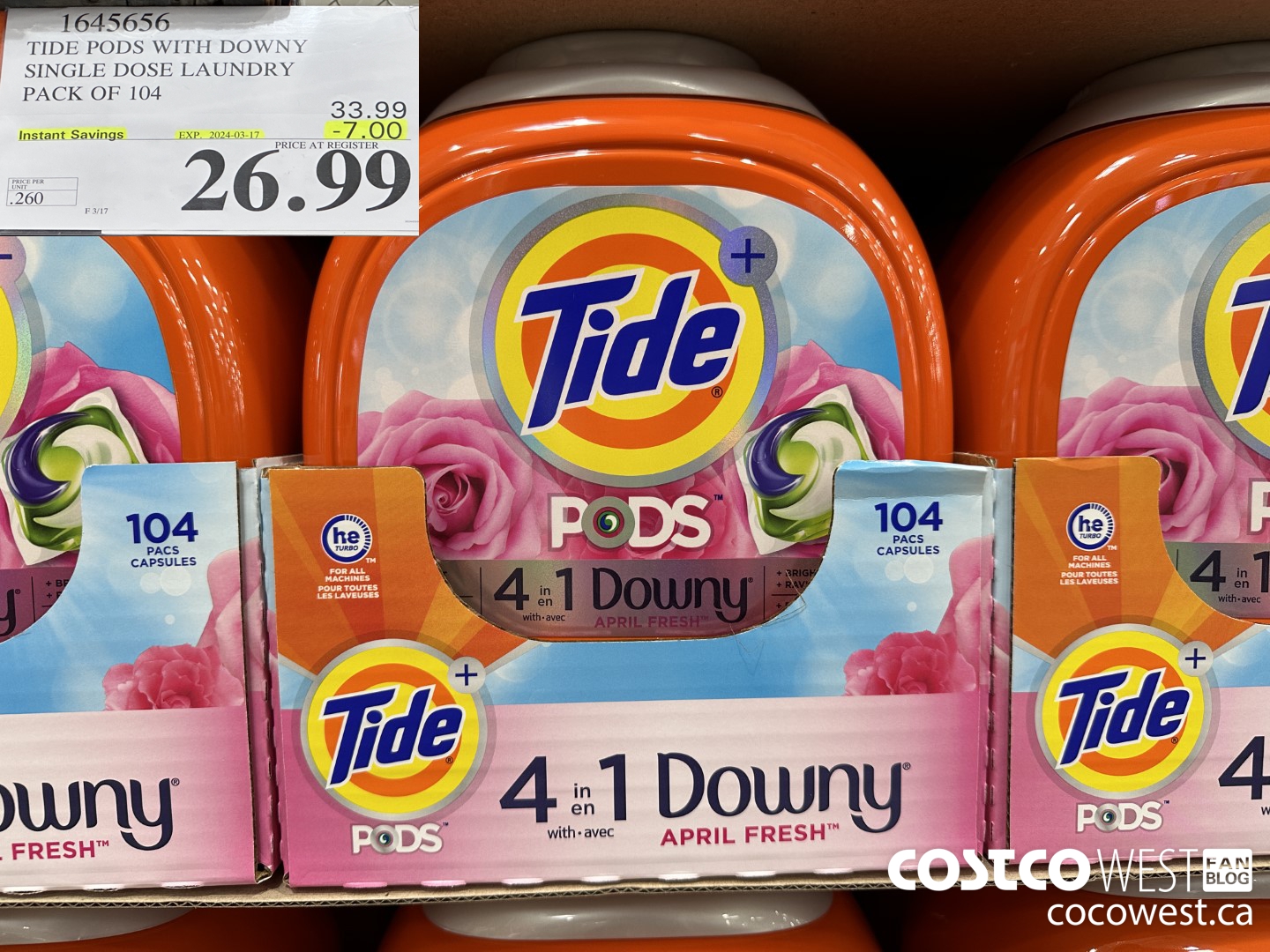 1645656 TIDE PODS WITH DOWNY SINGLE DOSE LAUNDRY 104 PACS ($7.00 INSTANT SAVINGS EXPIRES ON 2024-03-17) $26.99